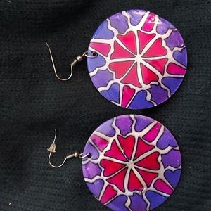 Hand painted Pink Purple sea shell pierced Dangle Earrings